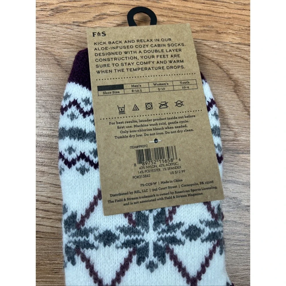 Field & Stream Cozy Cabin‎ Socks Infused with Aloe, 1 Pair, Women's One Size NEW